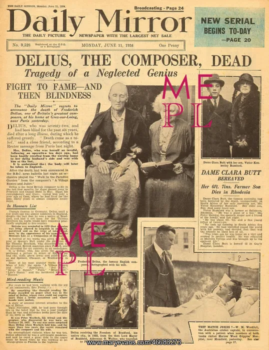 : Death of composer Frederick Delius : Death of composer Frederick Delius