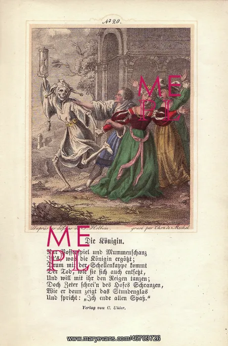 : Death as a jester drags away the Queen as she : Death as a jester drags away the Queen as she
