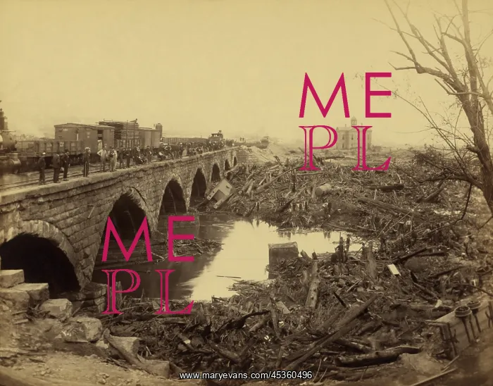: Debris at Pennsylvania Railroad stone bridge, after : Debris at Pennsylvania Railroad stone bridge, after