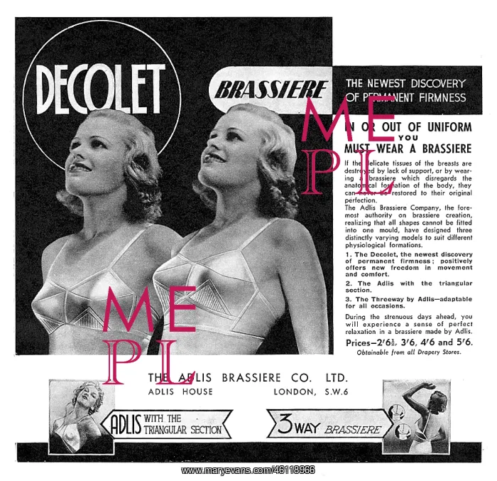 : Decolet brassiere underwear advertisement, 1940 : Decolet brassiere underwear advertisement, 1940