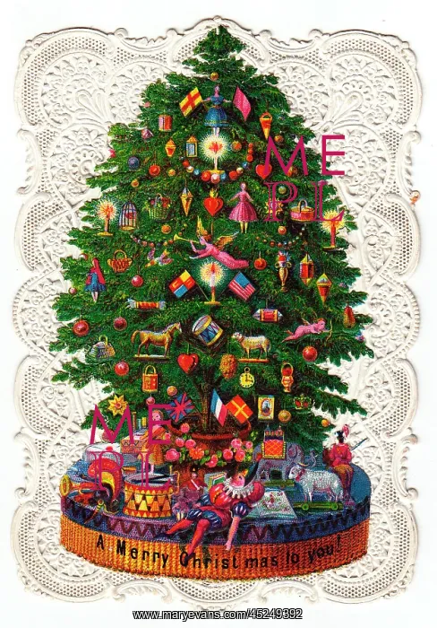 : Decorated tree on a Christmas card : Decorated tree on a Christmas card