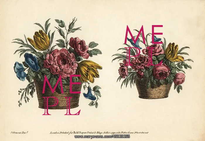 : Two decorative baskets of tulips, roses, and other flowers : Two decorative baskets of tulips, roses, and other flowers