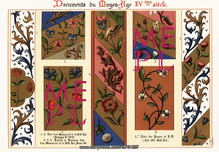 : Decorative floral borders from 15th century illuminated : Decorative floral borders from 15th century illuminated