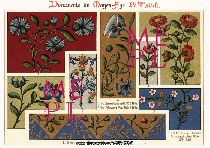 : Decorative floral borders from 15th century illuminated : Decorative floral borders from 15th century illuminated