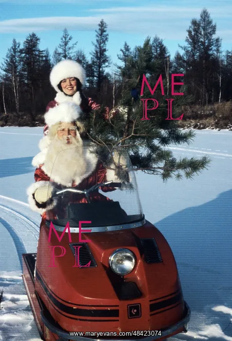 : Ded Moroz and Snegurochka ride a snowmobile, 1981 : Ded Moroz and Snegurochka ride a snowmobile, 1981