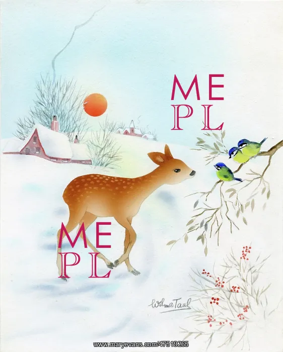 : Deer in the snow with three Blue Tits : Deer in the snow with three Blue Tits