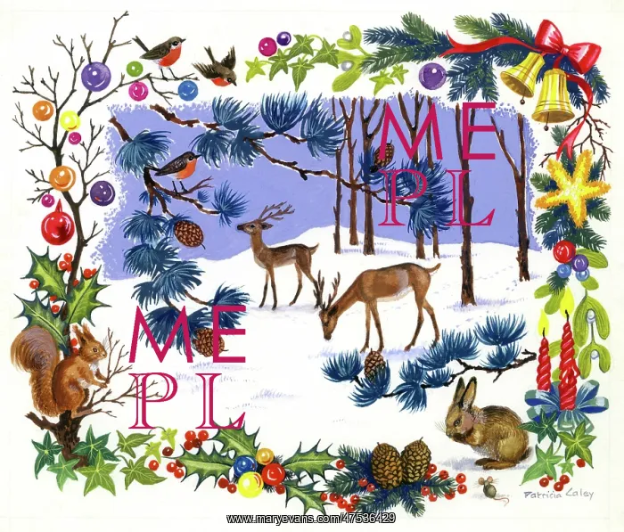  : Deer in the snow with rabbit and robin