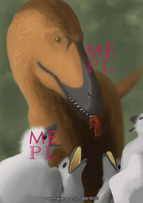 : Deinonychus dinosaur feeding its young : Deinonychus dinosaur feeding its young