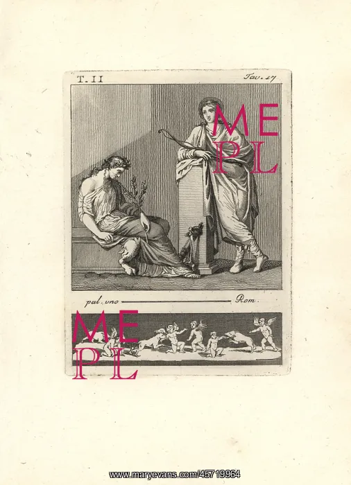  : A deity (Apollo?) with halo and bow leans against a pillar