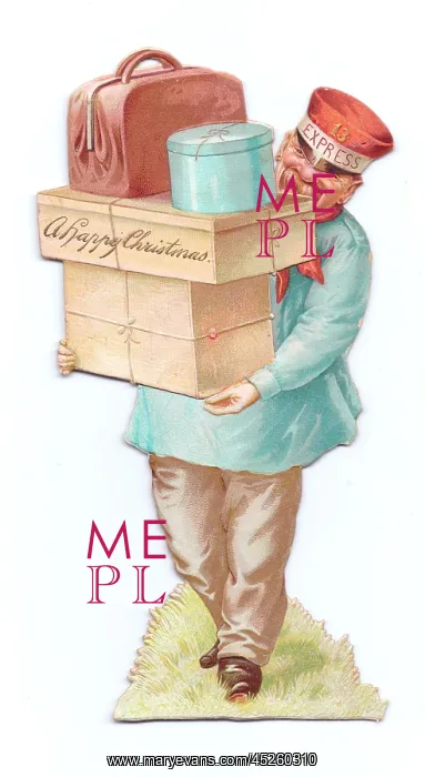 : Delivery man with parcels on a Victorian Christmas card : Delivery man with parcels on a Victorian Christmas card