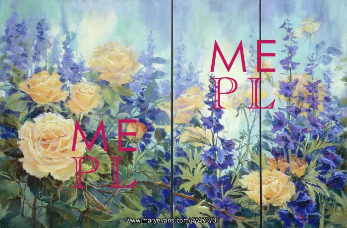  : Delphiniums and Peach Roses in a triptych