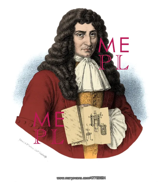 : Denis Papin With Steam Engine Diagram, 1689 : Denis Papin With Steam Engine Diagram, 1689