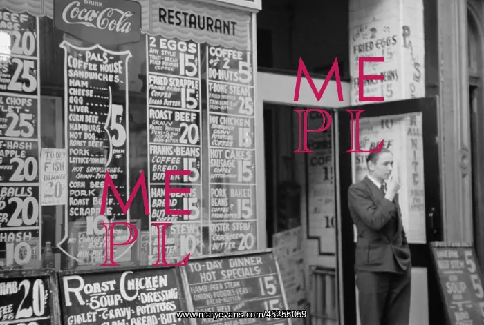 : Depression era city restaurant with posted menu : Depression era city restaurant with posted menu