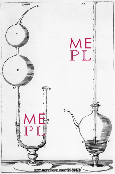 : Two designs of barometer using mercury, circa : Two designs of barometer using mercury, circa