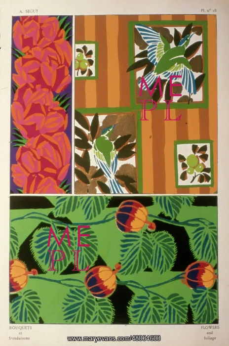 : Three designs of leaves, flowers and birds by E A Seguy : Three designs of leaves, flowers and birds by E A Seguy