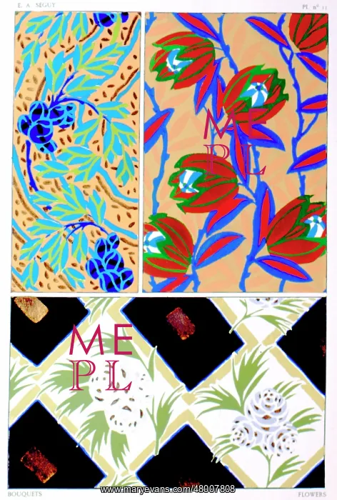 : Three designs of leaves and flowers by E A Seguy : Three designs of leaves and flowers by E A Seguy