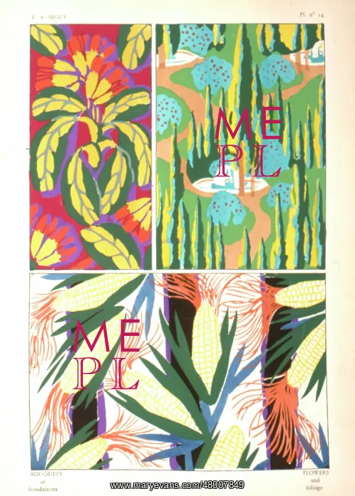 : Three designs of leaves and flowers by E A Seguy : Three designs of leaves and flowers by E A Seguy