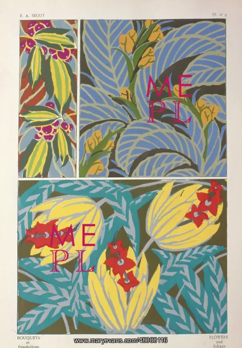 : Three designs of leaves and flowers by E A Seguy : Three designs of leaves and flowers by E A Seguy
