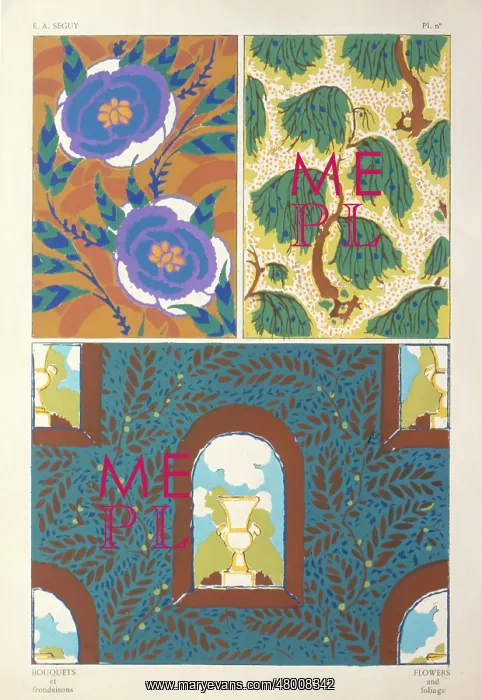 : Three designs of leaves and flowers by E A Seguy : Three designs of leaves and flowers by E A Seguy