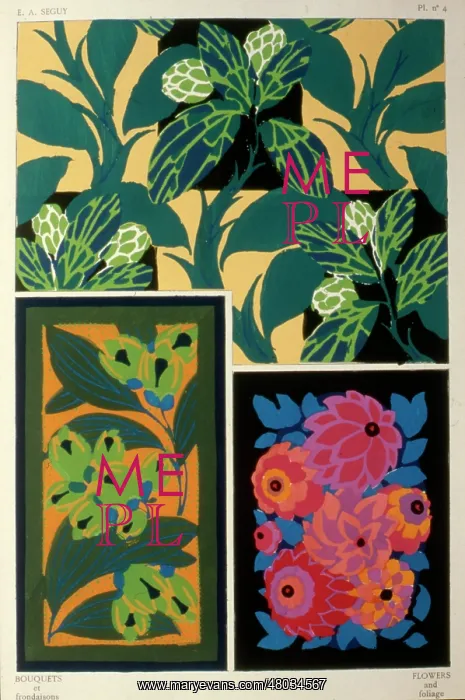  : Three designs of leaves and flowers by E A Seguy