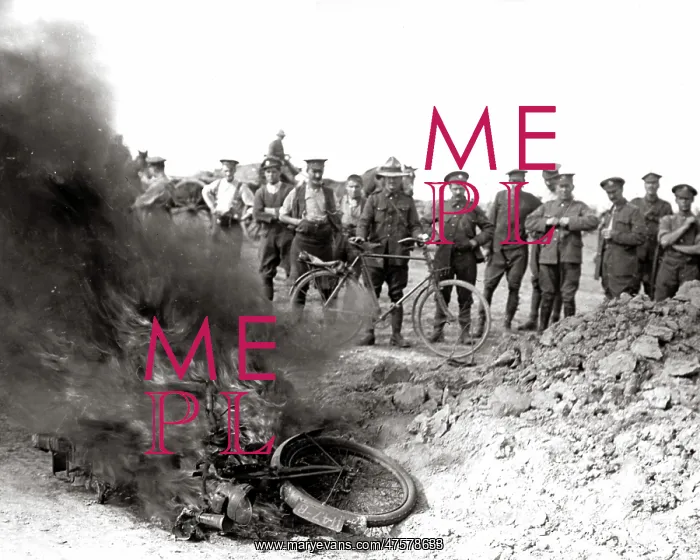 : Despatch rider's bike on fire, Western Front, WW1 : Despatch rider's bike on fire, Western Front, WW1