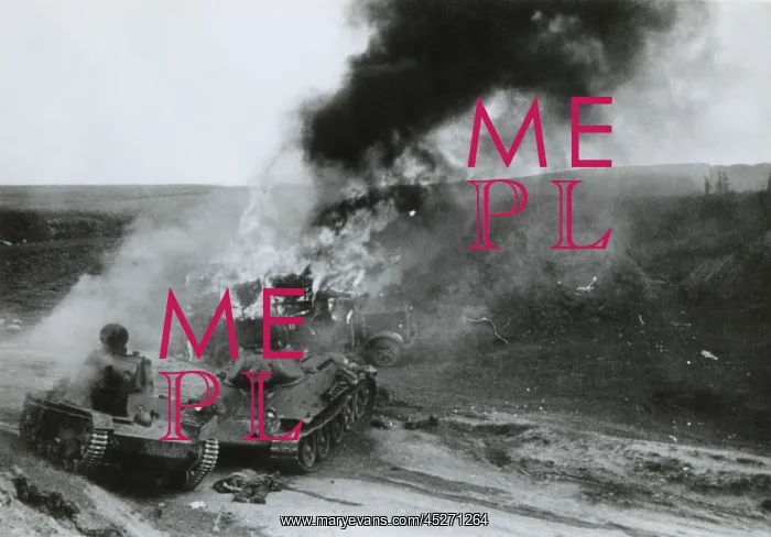 : Destroyed Soviet tanks at Junourcia, during the : Destroyed Soviet tanks at Junourcia, during the