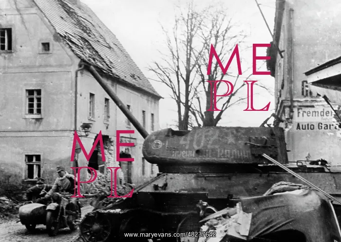 : Destroyed T-34 during the fights in Silesia, 1945 : Destroyed T-34 during the fights in Silesia, 1945