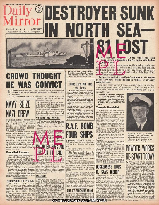 : Destroyer HMS Grenville Sunk : Destroyer HMS Grenville Sunk