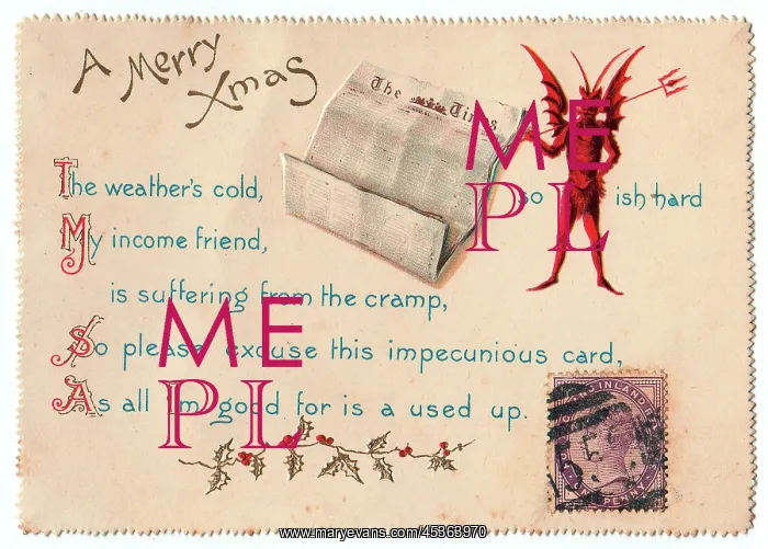 : Devil with comic verse on a Christmas card : Devil with comic verse on a Christmas card