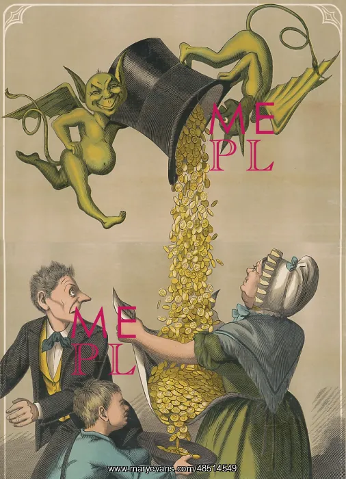 : Devils pouring gold coins from hat into woman's apron : Devils pouring gold coins from hat into woman's apron