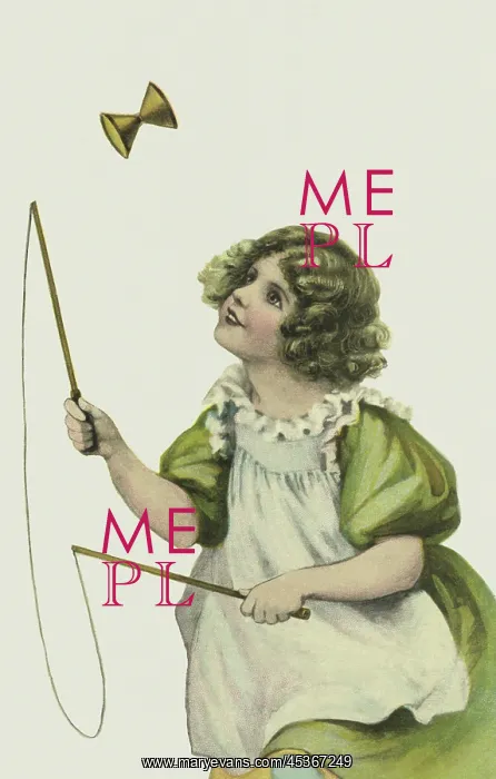 : Diabolo. Edwardian games. Young girl in green dress playing Diabolo. Artist: May Bowley : Diabolo. Edwardian games. Young girl in green dress playing Diabolo. Artist: May Bowley