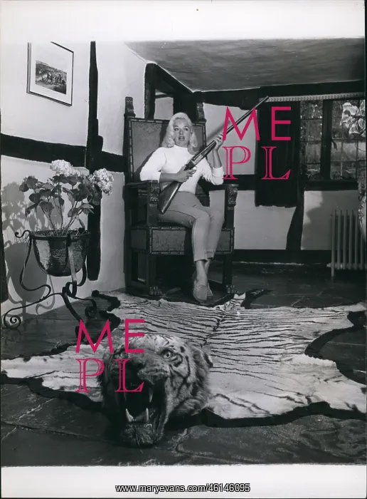 : Diana Dors in her lounge, with tiger rug : Diana Dors in her lounge, with tiger rug