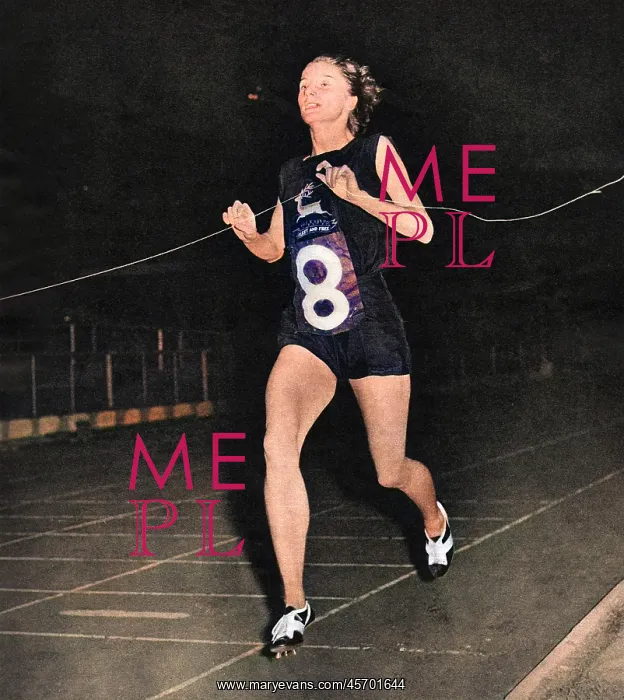 : Diane Leather winning the mile race : Diane Leather winning the mile race