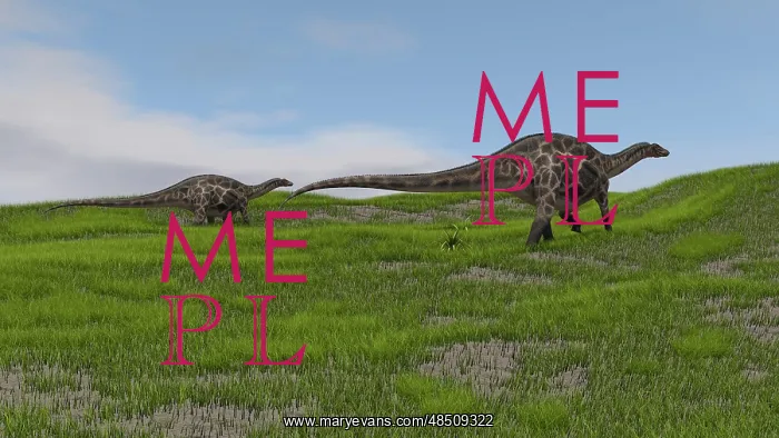 : Two Dicraeosaurus dinosaurs walking across a grassy field : Two Dicraeosaurus dinosaurs walking across a grassy field