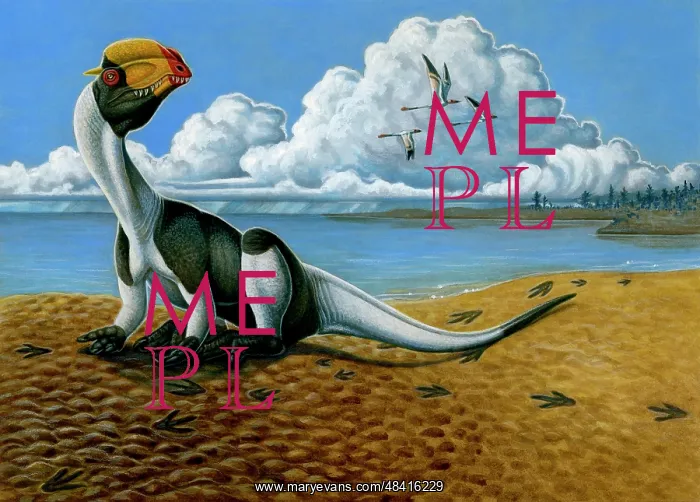 : A Dilophosaurus dinosaur sitting in mud : A Dilophosaurus dinosaur sitting in mud