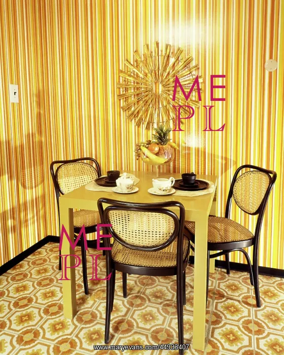: Dining Nook with Orange and Yellow Striped Wallpaper : Dining Nook with Orange and Yellow Striped Wallpaper