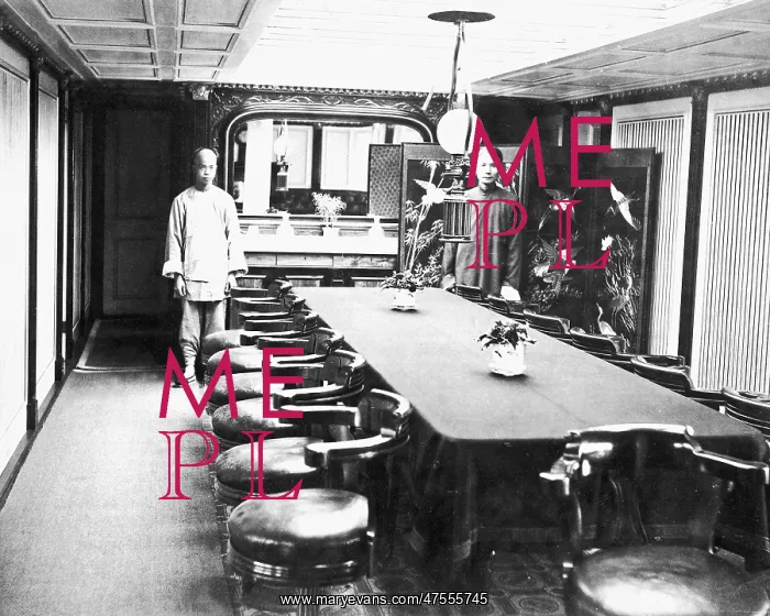 : Dining room with two waiters, China : Dining room with two waiters, China