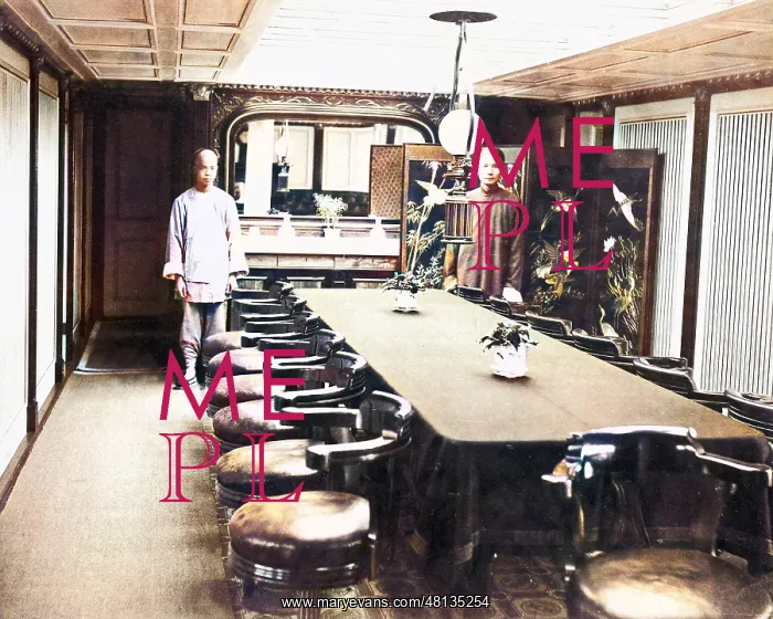 : Dining room with two waiters, China : Dining room with two waiters, China