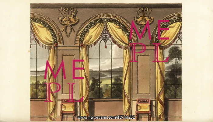 : Dining-room window curtains with chairs by George Bullock : Dining-room window curtains with chairs by George Bullock
