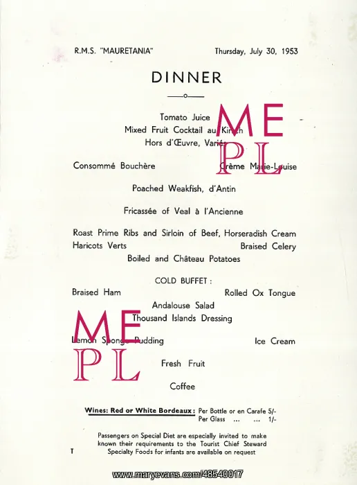 : Dinner Menu, Cunard liner, RMS Mauretania : Dinner Menu, Cunard liner, RMS Mauretania