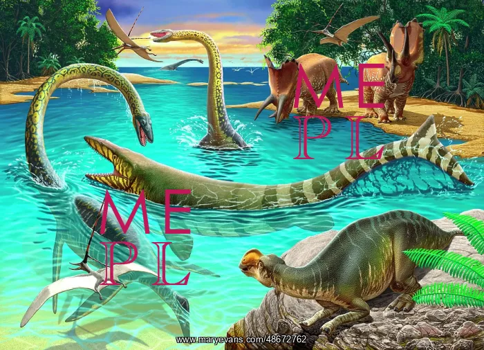 : Dinosaur gather around a swimming hole during : Dinosaur gather around a swimming hole during