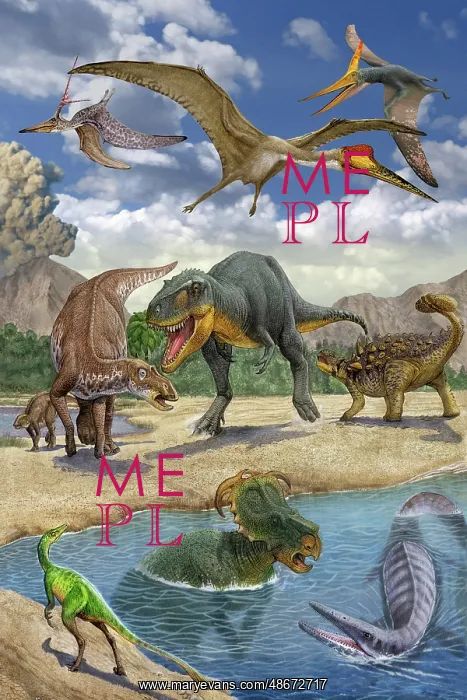 : Dinosaurs confront each other along a lake : Dinosaurs confront each other along a lake