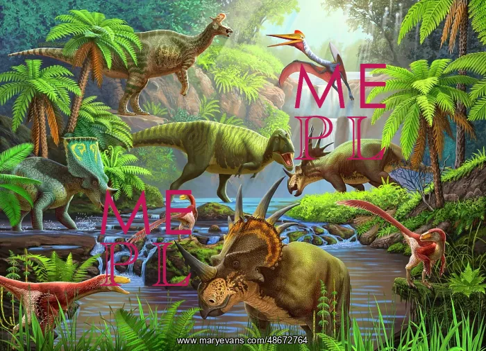 : Dinosaurs gather along a stream in a prehistoric forest : Dinosaurs gather along a stream in a prehistoric forest