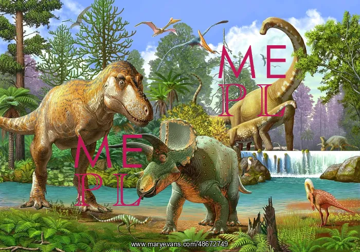 : Dinosaurs along a river in a prehistoric environment : Dinosaurs along a river in a prehistoric environment
