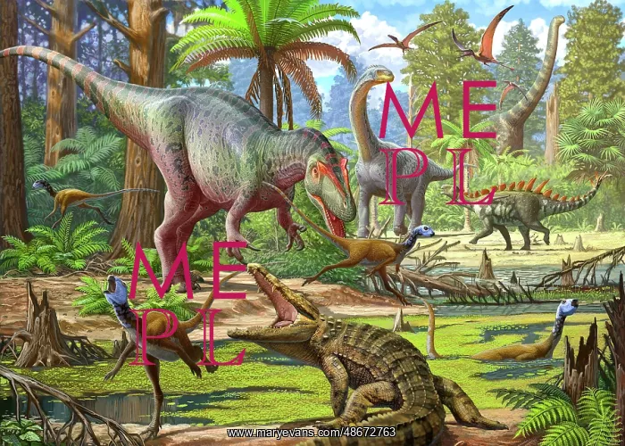 : Dinosaurs roaming a prehistoric forest : Dinosaurs roaming a prehistoric forest