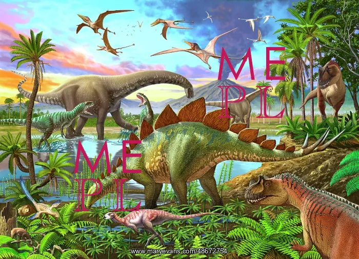 : Dinosaurs roaming the wetlands, with a volcano : Dinosaurs roaming the wetlands, with a volcano