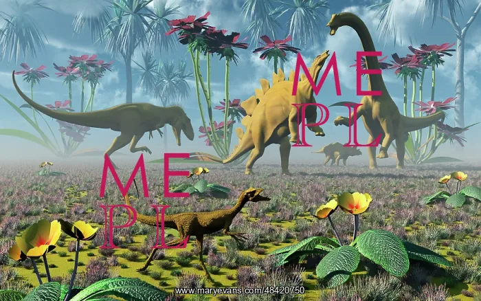 : Dinosaurs running around an imaginative garden : Dinosaurs running around an imaginative garden