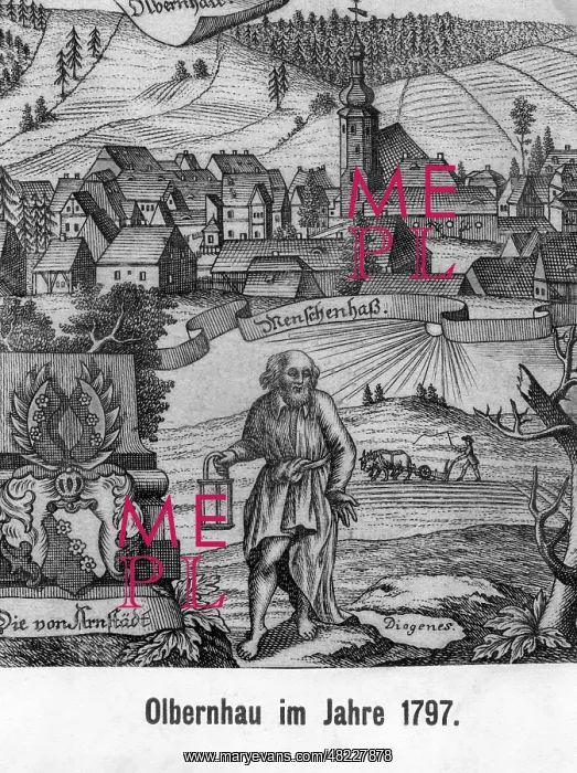 : Diogenes with his lantern in front of the town of Olbern : Diogenes with his lantern in front of the town of Olbern
