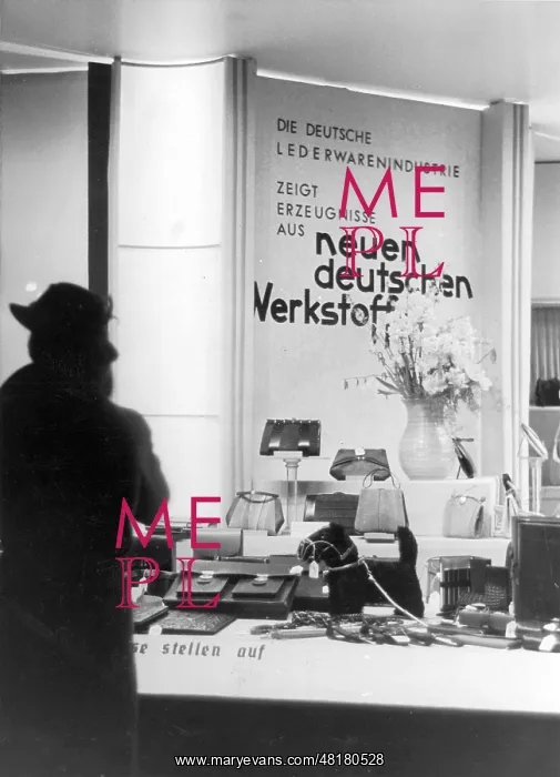 : The display window of a leather shop in Leipzig, 1938 : The display window of a leather shop in Leipzig, 1938