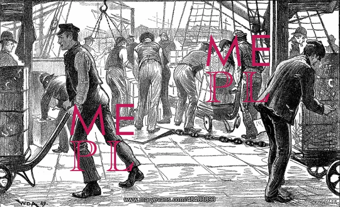 : Dockers unloading tea in London Docks, 1889 : Dockers unloading tea in London Docks, 1889